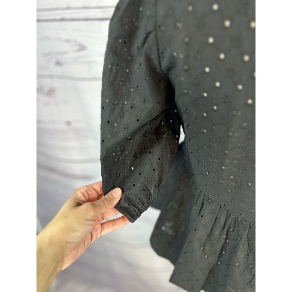 Steve Madden Paula Eyelet Tie Front Top Women XS Black Peplum Puff Sleeve NWT - Picture 5 of 8